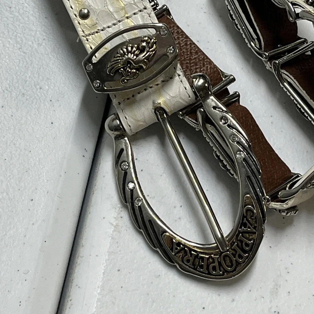 Cappopera Belt‎ White Leather Heavy Engraved Floral Silver Hardware Artsy Italy